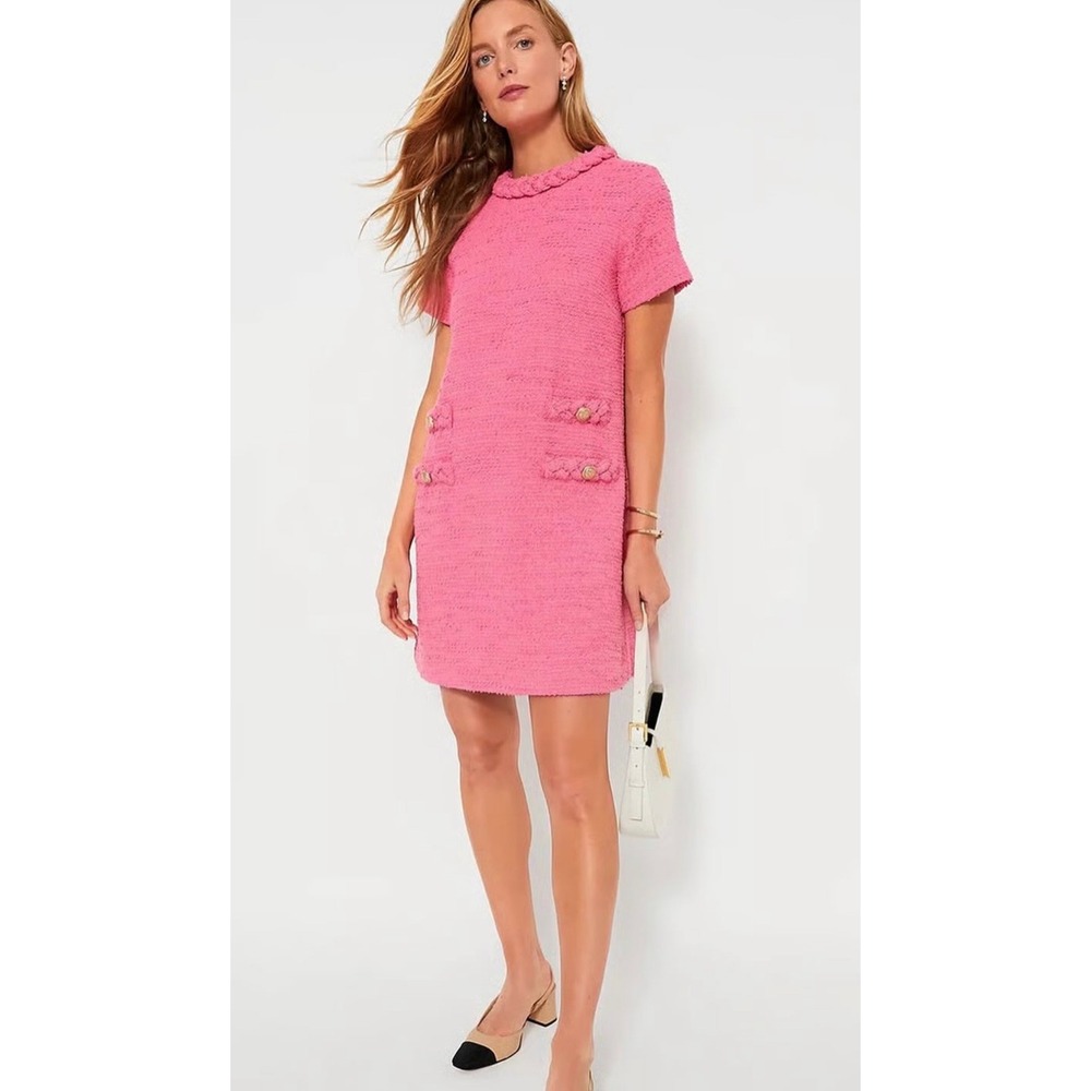 NWT Tuckernuck Jackie Pink Tweed Mini Dress Gold Button Braided Neck XXS Preppy